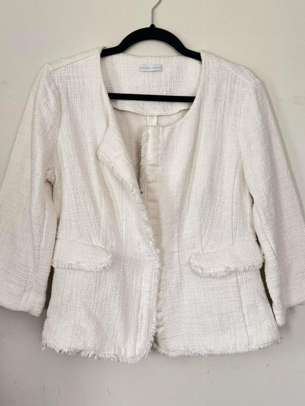 New York & Company White Tweed Fringe-Trim Jacket